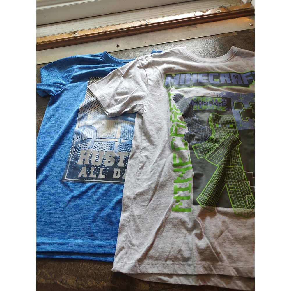 Minecraft & Power Forward Graphic Tees Boys M 10/12 Blue Grey Excellent 2 Pack
